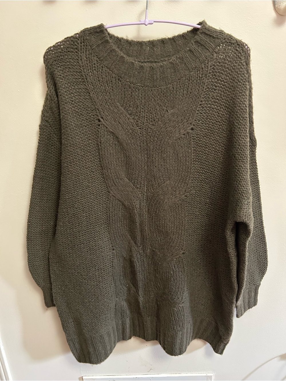 aerie Olive Cable Knit Crewneck Sweater